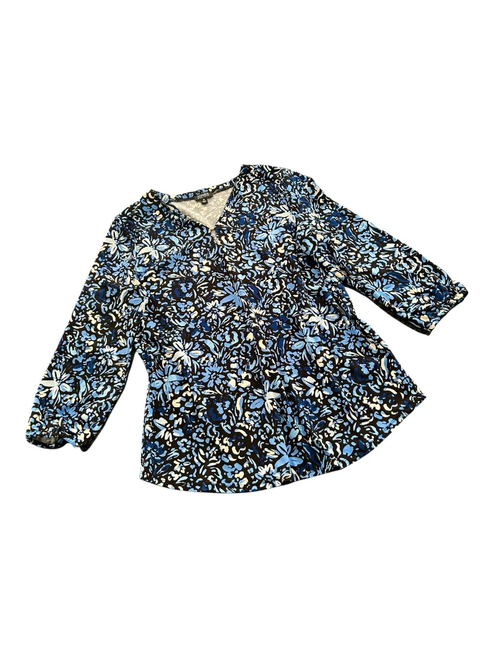 JONES NEW YORK BLOUSE Blue Black Floral Keyhole V-neck 3/4 sleeves Medium